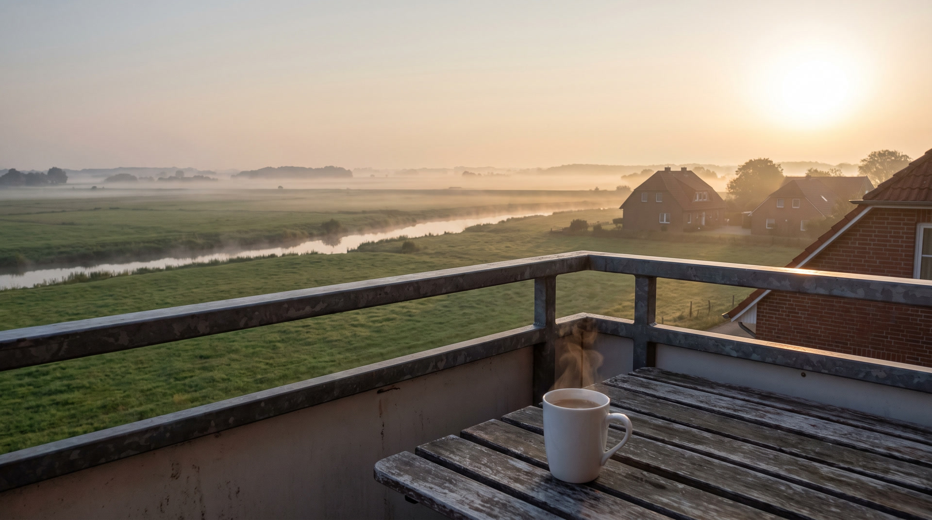 Blick von einem Balkon über die Allerwiesen am Morgen, eine Tasse Kaffee auf dem Tisch